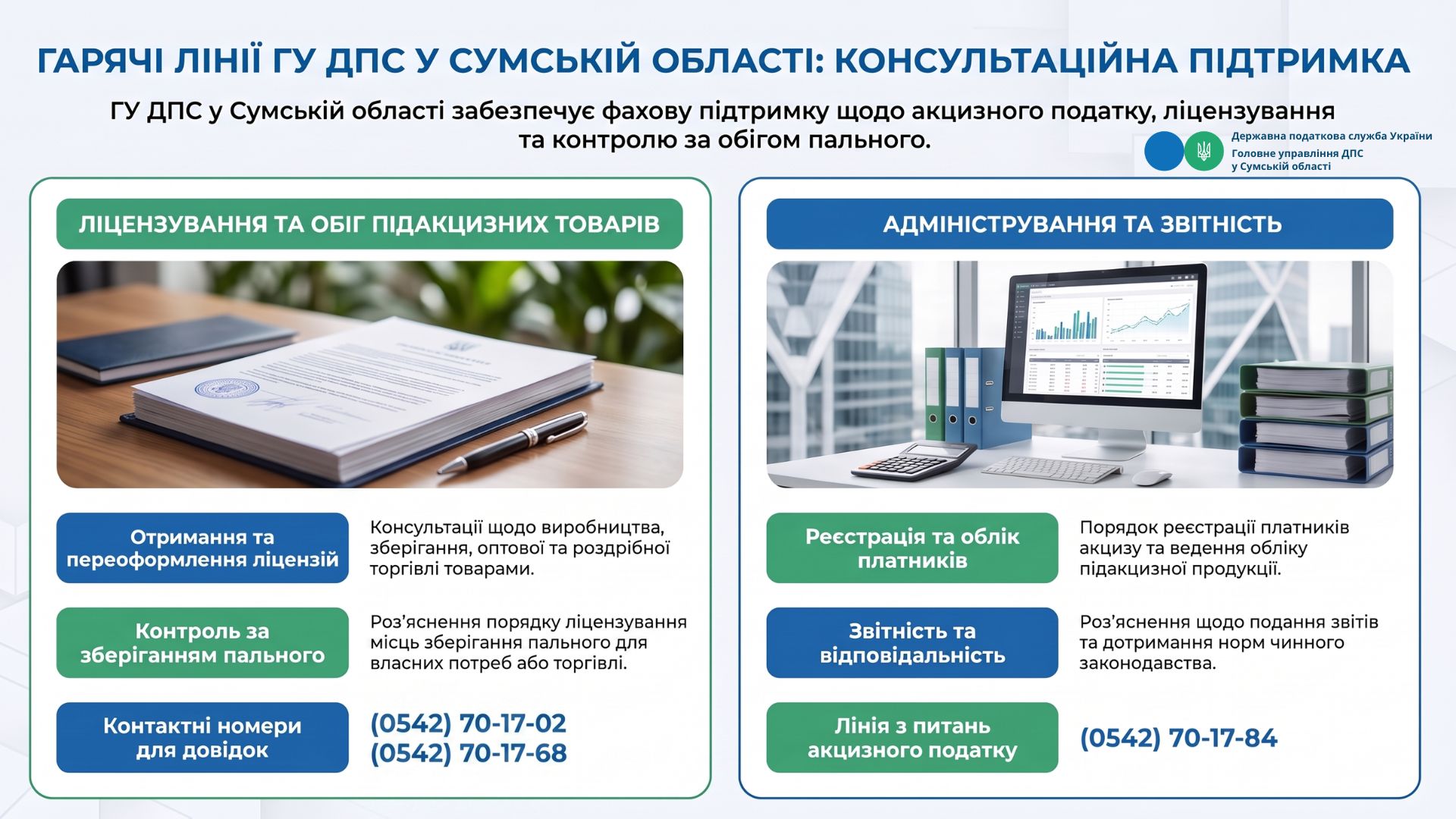 ДПС Сумщини консультує: гарячі телефонні лінії з питань адміністрування підакцизних товарів та ліцензування