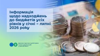 Інформація щодо надходжень до бюджетів усіх рівнів у січні – липні 2026 року